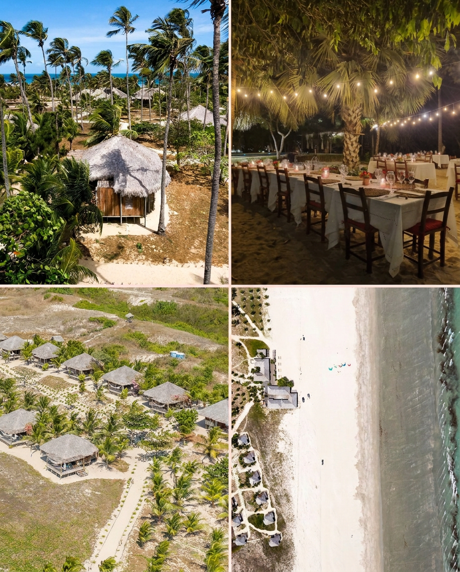 Rancho do Peixe — a four-panel collage of the bungalow village, palms, beach, and a candle-lit dinner on the sand