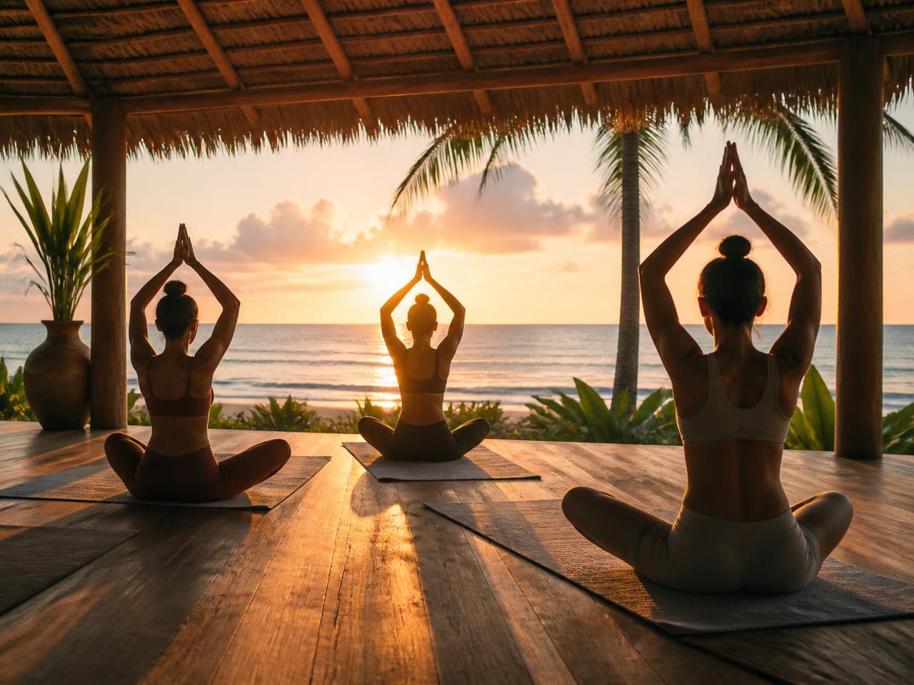 Sunrise yoga in an open-air cabana facing the ocean
